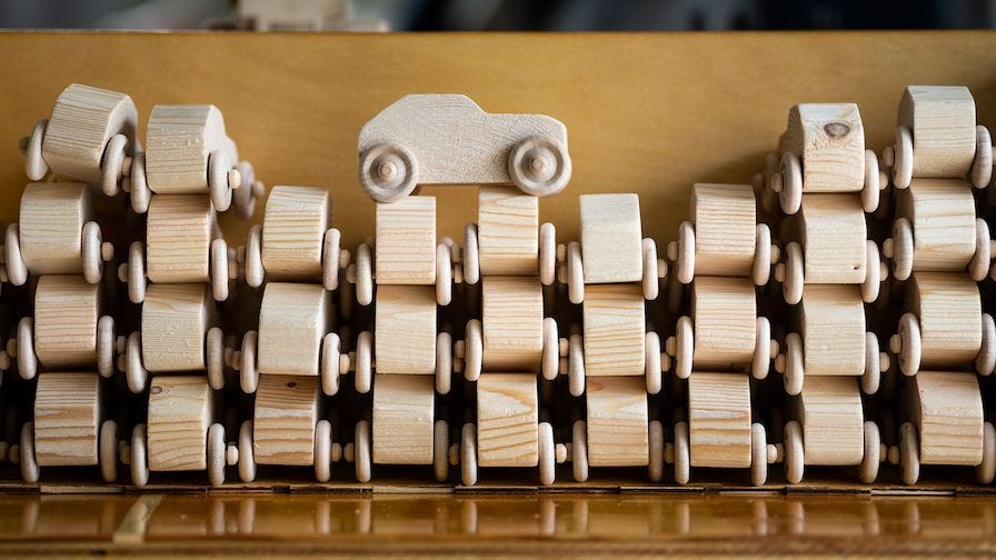 All of Ken's toy cars are built from hybrid poplars and white pines.